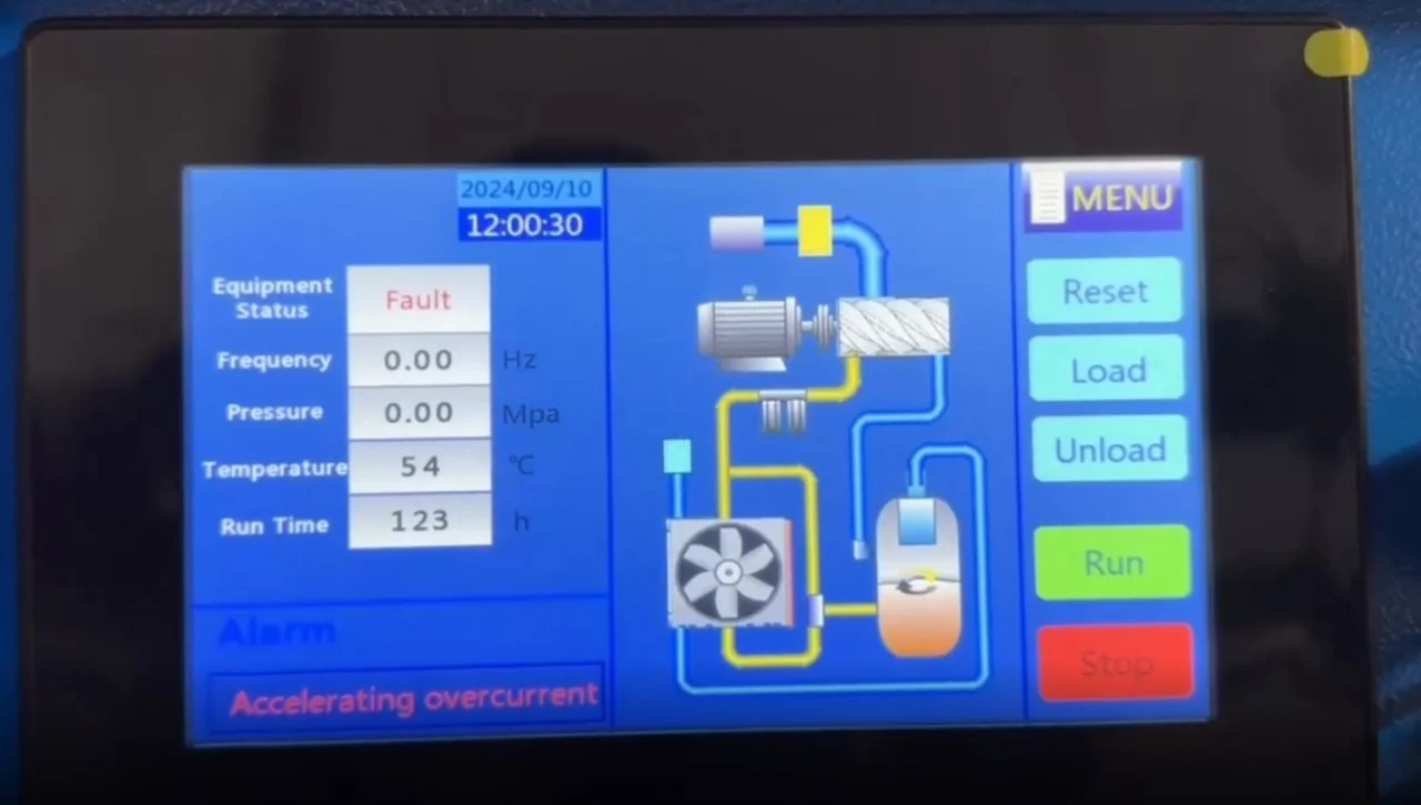 Những lỗi thường hiển thị trên màn hình máy nén khí trục vít 9 Accelerating overcurrent - lỗi quá dòng khi khởi động